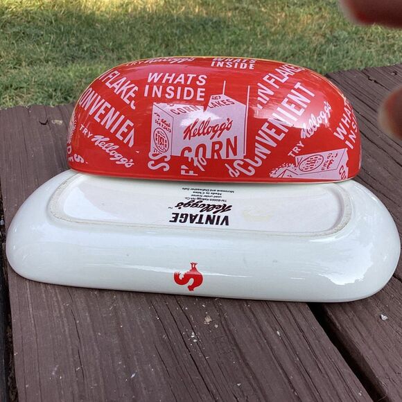 Kellogg’s Corn Flakes retro butter dish w/ lid – red/white ceramic 9” - Picture 3 of 4